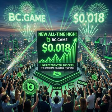 A promotional graphic for BC.GAME celebrating a new all-time high of $0.018, with fireworks and a crowd, declaring unprecedented success as the coin reaches a new peak.