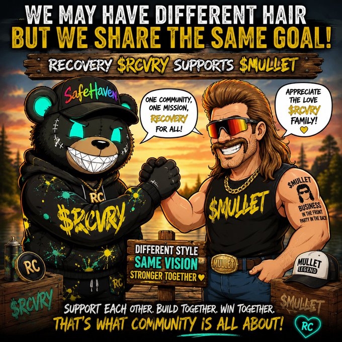 An illustrated poster showing a bear mascot fist-bumping a man with a mullet, with text reading 'WE MAY HAVE DIFFERENT HAIR BUT WE SHARE THE SAME GOAL!' and 'RECOVERY $RCVRY SUPPORTS $MULLET'.