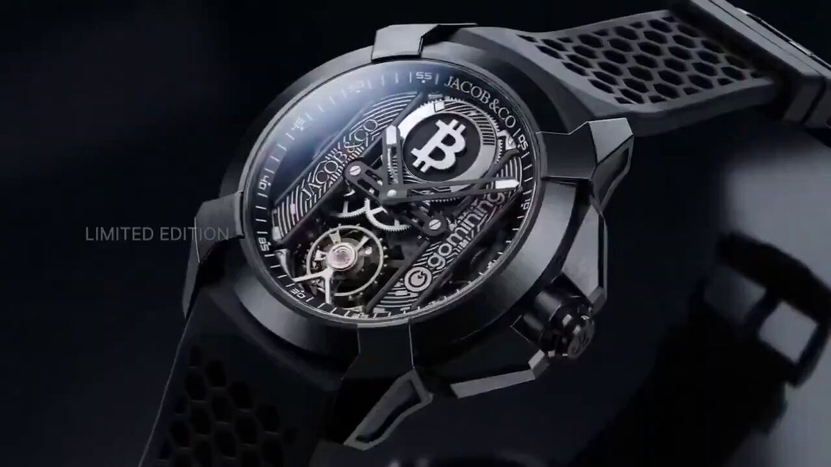 The image features a luxury watch with a black band, which has been described as a "game changing" timepiece. The watch is encased in a black leather strap that adds an elegant touch to its design. It's a limited edition piece, making it even more special and desirable for collectors or those who appreciate high-quality craftsmanship.

The watch itself is quite impressive with its intricate details and unique features. It has been described as having a "B" on the face, which could be an indication of a specific brand or model name. The watch's design and materials suggest that it might have been made in a country like Switzerland, where luxury watches are often crafted using high-quality materials such as gold, silver, or platinum.

The image also includes text that reads "LUXURY WATCHMAKER JACOB & CO ANNOUNCED A WATCH THAT CAN MINE #BITCOIN". This could be a reference to the watchmaker's name and their involvement in promoting the watch on social media platforms like Twitter, Instagram, or Facebook. The post seems to be an advertisement for this limited edition luxury watch that has been created specifically for Bitcoin enthusiasts who appreciate both style and functionality.