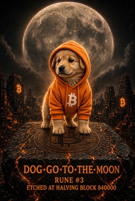 Digital artwork features a golden retriever puppy in an orange Bitcoin hoodie sitting on a Bitcoin-etched rock, with the text 'DOG·GO·TO·THE·MOON RUNE #3 ETCHED AT HALVING BLOCK 840000.'
