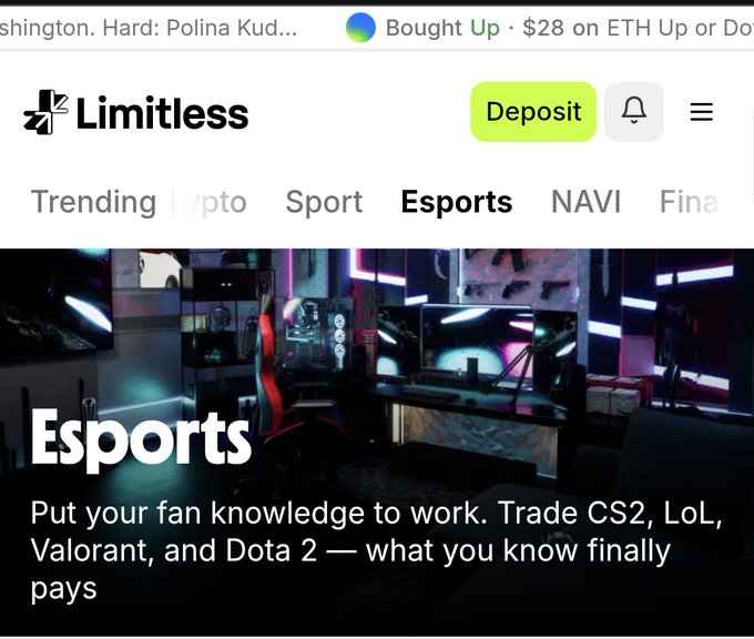 A screenshot of the Limitless website showing the 'Esports' category with the tagline 'Put your fan knowledge to work. Trade CS2, LoL, Valorant, and Dota 2 — what you know finally pays'.
