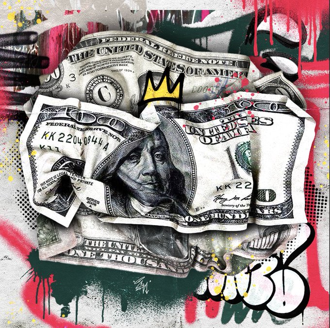 Street art mixed media piece featuring crumpled hundred-dollar bills on a white background, splashed with green and pink paint, and decorated with a small yellow crown drawing and black graffiti tags.