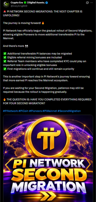A graphic announcing "PI NETWORK SECOND MIGRATION" featuring the Pi coin logo over a globe, shared by Crypto Era (@kizzyliong020) to announce the rollout of Second Migrations allowing eligible Pioneers to move additional transferable Pi to the Mainnet.