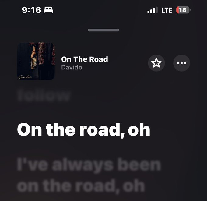 A screenshot of a music streaming app displaying the song "On The Road" by Davido, with lyrics showing "On the road, oh" and "I've always been on the road, oh" at 9:16 with 18% battery remaining.