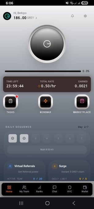 A mobile screenshot of the Grey Network mining app displays a user dashboard for "Belkipo" with a balance of 186.00 GREY, a mining rate of 0.50/hr, and 23:59:44 time left, supporting the post's promotion of the platform's referral-based mining system and its pending $1.8 OTC listing on CoinGecko.