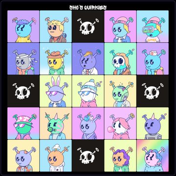 A digital artwork titled 'ZHO 3 QUIRKIES' displaying a 5x5 grid of colorful, stylized cartoon characters with bunny ears, interspersed with skull icons.
