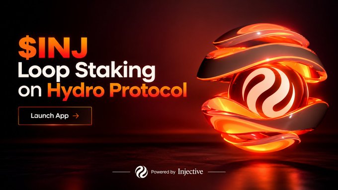 Promotional graphic for INJ Loop Staking on Hydro Protocol, with a glowing orange Hydro logo, a “Launch App” button, and “Powered by Injective” at the bottom.