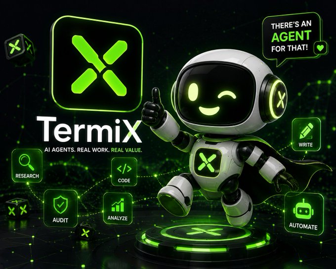 An advertisement for "Termix" features a cartoon robot and the text "AI AGENTS. REAL WORK. REAL VALUE." along with "THERE'S AN AGENT FOR THAT!" and icons for research, code, audit, analyze, write, and automate.