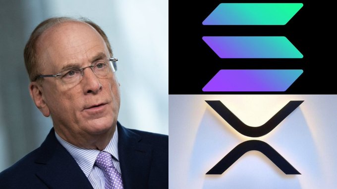 A man in glasses and a purple tie appears alongside the logos for Solana (SOL) and XRP, illustrating the rumored BlackRock ETF filings for both cryptocurrencies mentioned in the post.