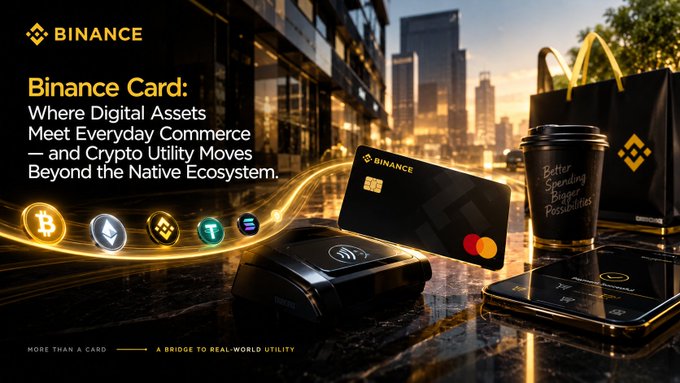 A Binance promotional graphic showcasing a black Mastercard "Binance Card" alongside a contactless payment terminal, a coffee cup, and a branded shopping bag, set against an urban backdrop. The headline reads "Binance Card: Where Digital Assets Meet Everyday Commerce—and Crypto Utility Moves Beyond the Native Ecosystem," with icons of Bitcoin, Ethereum, and BNB emphasizing how the card bridges cryptocurrencies with real-world spending.