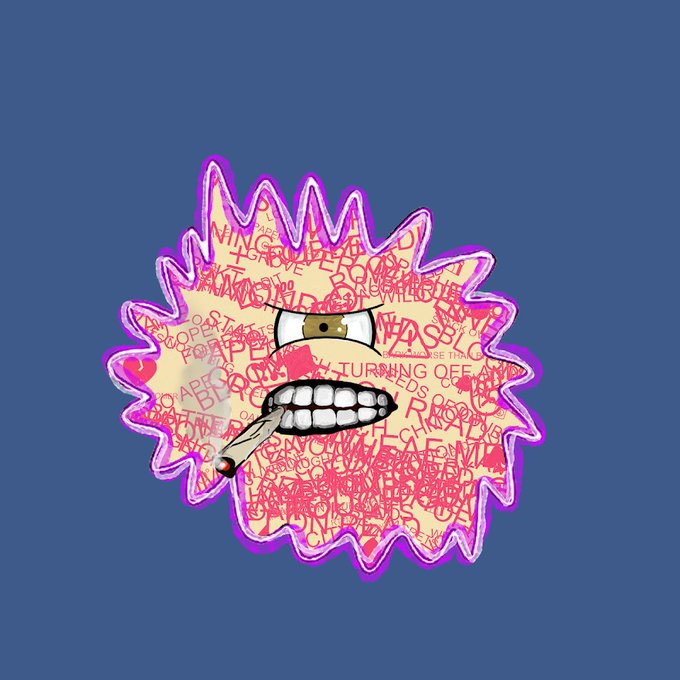 A jagged, spiky cartoon character with a gritted-teeth grimace holds a smoldering joint, its yellow body covered in chaotic red graffiti-style words like "PAIN," "TROUBLE," "DROPS," "TURNING OFF," and "I'LL BLEED," all glowing with a purple neon outline against a slate background—visually channeling the raw, edgy "Variationz I" NFT promo celebrating its halved mint price and free print giveaway.