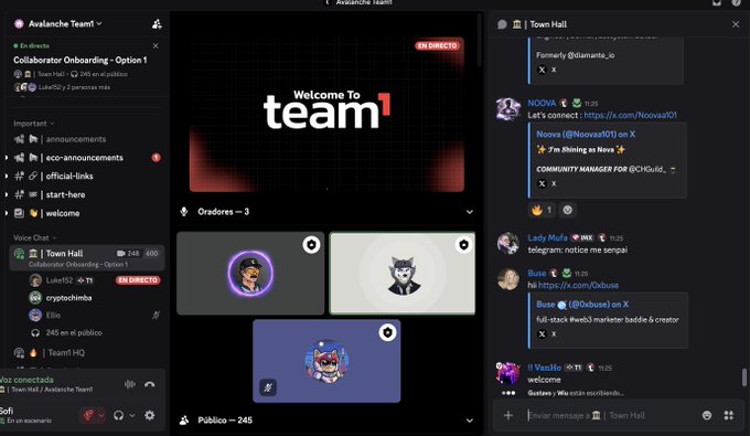 A Discord screenshot showing the Avalanche Team1 server with a "Welcome to team¹" banner and an active Town Hall voice chat with 240/400 members, reflecting the LATAM onboarding call mentioned in the post. The right panel displays messages from users including Lady Mufa, Ru-se, and !! Vasiloi discussing the Novus (@Novus101) and Obduse projects, capturing the excitement of the 245 public members who joined the session.