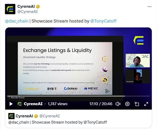 A Twitter post from CyreneAI (@CyreneAI) tagging @dac_chain, showcasing a video titled 'Showcase Stream hosted by @TonyCatoff' about 'Exchange Listings & Liquidity' with structured liquidity strategy details.