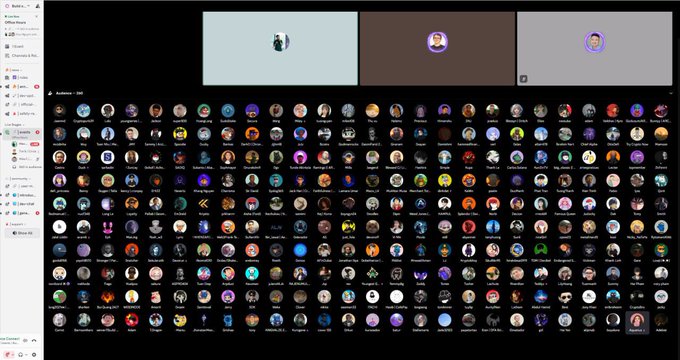 A Discord server showing the 'Auditions - 2024' channel with hundreds of user avatars displayed in a grid layout alongside active voice channels.
