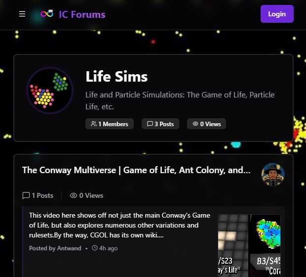 A screenshot of a webpage titled 'IC Forums' showing a 'Life Sims' section about Life and Particle Simulations with 1 Member, 3 Posts, and 0 Views, featuring a post about 'The Conway Multiverse'.
