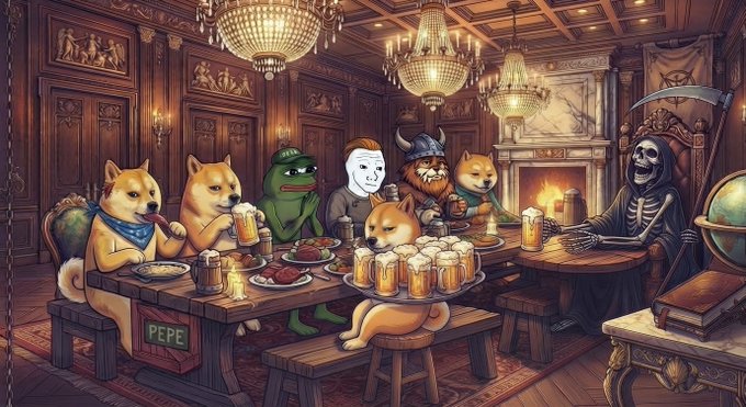 A digital illustration titled 'PEPE' depicting Doge, Pepe the Frog, and other meme characters sitting around a wooden table drinking beer, with a grim reaper figure seated at the far end.