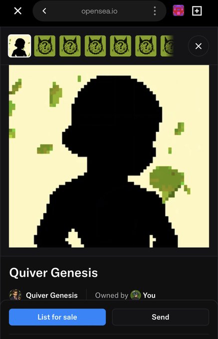 A screenshot of an OpenSea (opensea.io) NFT listing titled 'Quiver Genesis,' owned by the user, featuring a pixelated black silhouette of a figure on a pale green background with 'List for sale' and 'Send' buttons.
