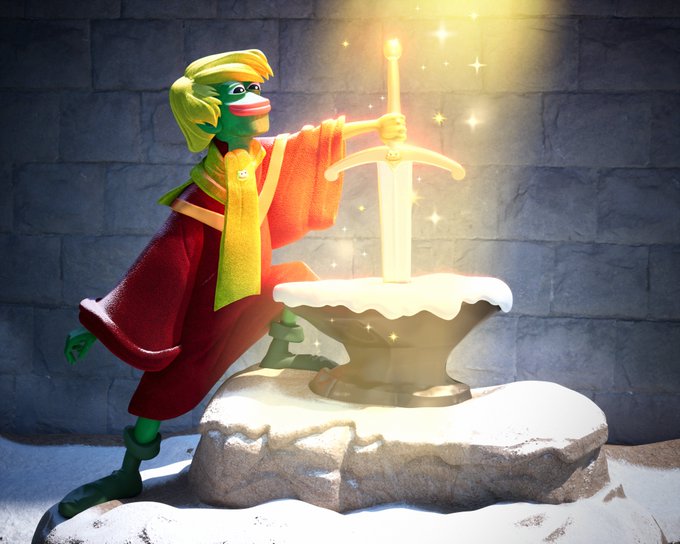 A green Muppet-style figure in a red robe and yellow scarf plunges a glowing sword into a stone, creating a magical scene reminiscent of King Arthur receiving Excalibur from the Lady of the Lake.

The image evokes a "trust us, we have the sword in the stone" vibe, fitting an update post from an NFT project claiming legitimacy or breakthrough.