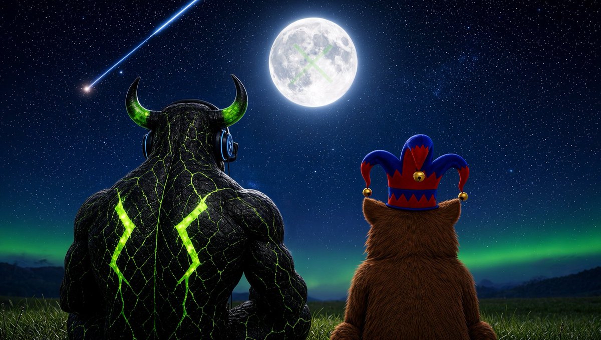 A digital artwork showing a muscular black creature with glowing green runes on its back and green-glowing horns wearing headphones, sitting in a grassy field next to a brown furry character wearing a red and blue jester hat, both facing a night sky with a full moon, northern lights, and a shooting star.