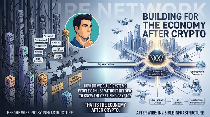 An infographic titled 'WIRE NETWORK - BUILDING FOR THE ECONOMY AFTER CRYPTO' contrasting 'Noisy Infrastructure' (Before Wire) with 'Invisible Infrastructure' (After Wire), featuring concepts like Asset Store Native, Universal Transaction Layer, and Ownership Tracked.
