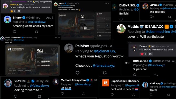 A collage of various Twitter/X replies directed at users including @fairscalexyz, @deanmachine, and @SolanaHub_ showing positive engagement and anticipation for upcoming crypto/NFT projects.