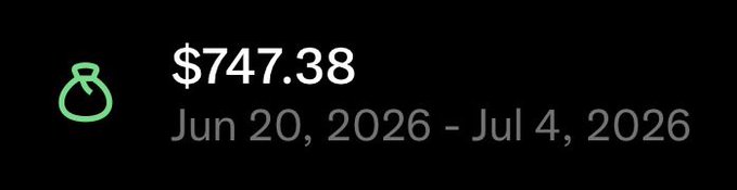 A dark-themed graphic displays a green money bag icon alongside the earnings figure "$747.38" earned between June 20, 2026 and July 4, 2026, illustrating the payout received from posting about $ANSEM.