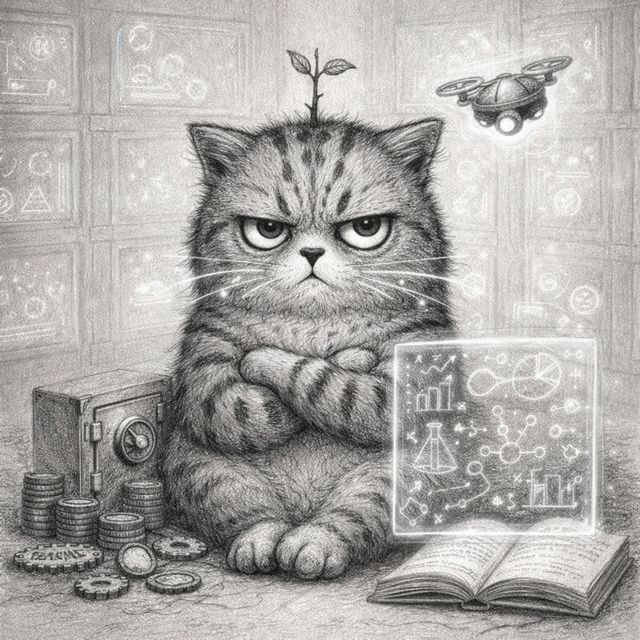 Pencil-style illustration of a grumpy cat with a small plant growing from its head, sitting with crossed arms beside a safe, coins, gears, and an open book displaying scientific diagrams.