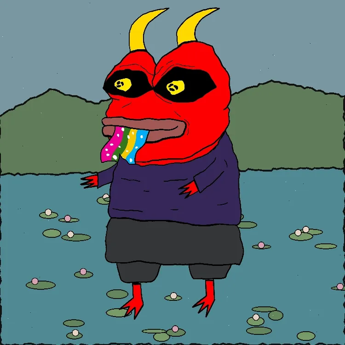 A cartoon illustration depicts a red demon-like figure with yellow horns, yellow eyes, and a colorful tongue, wearing a purple shirt and standing in a pond with lily pads.