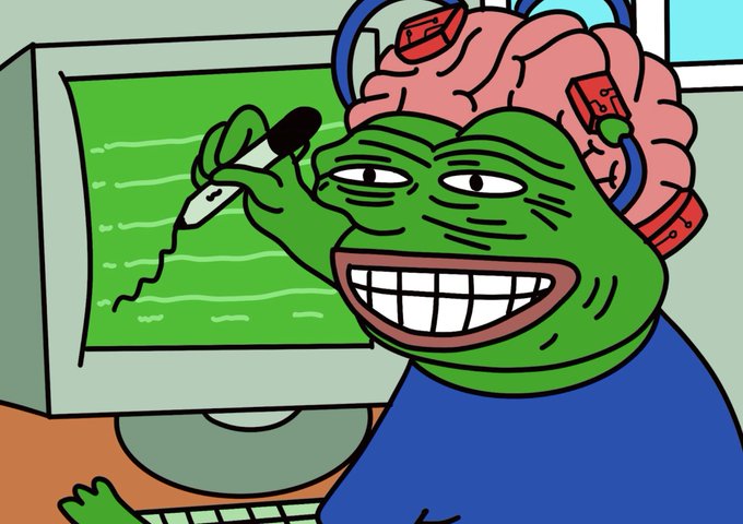 A Pepe the Frog meme drawing shows the character with an exposed brain wearing headphones and smiling while using a computer.