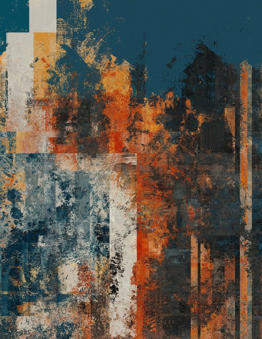 An abstract painting featuring textured strokes of orange, rust, white, and dark blue with geometric vertical and horizontal patterns.