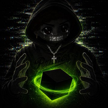 A dark digital artwork of a hooded skeletal figure wearing a cross necklace, conjuring a glowing green cube with both hands against a glitchy digital background.