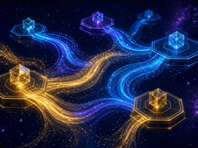 Glowing blue and gold streams of light flow between interconnected holographic cube nodes against a cosmic starry background, symbolizing the seamless transfer of liquidity and capital across multiple blockchain networks in a dynamic DeFi ecosystem. The intertwining streams visually represent the post's message about breaking the bottleneck of immobile capital by enabling assets to flow freely between chains as opportunities arise.