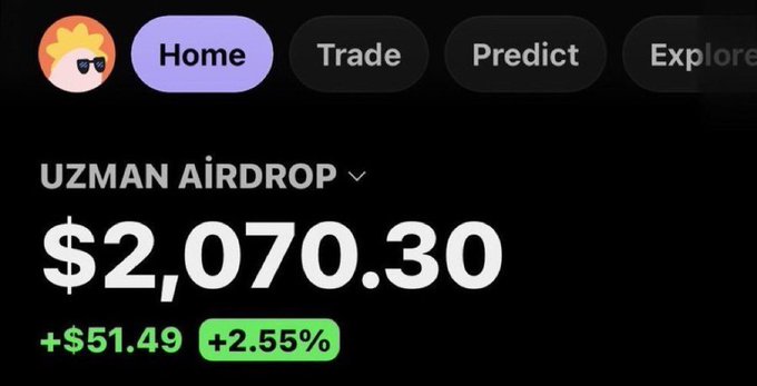 A trading interface shows a UZMAN AIRDROP position valued at $2,070.30, up +$51.49 (+2.55%), with navigation tabs for Home, Trade, Predict, and Explore.
