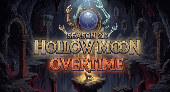 A video game promotional graphic for 'SEASON 21: HOLLOW MOON OVERTIME' featuring a crystal ball, skeletal hands, and a wolf standing on a cliff.