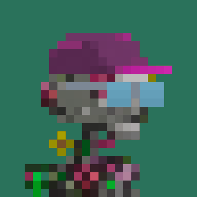 A heavily pixelated image on a green background showing a figure with magenta and blue tones.