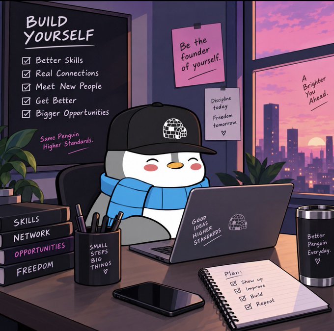 An illustration of a penguin wearing a cap and scarf working on a laptop in a room with motivational notes including 'BUILD YOURSELF', 'Be the founder of yourself.', and a list titled 'Same Penguin Higher Standards.'