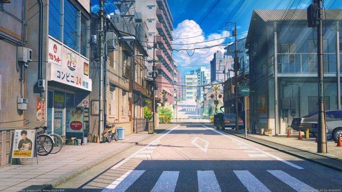 An anime-style urban street scene resembling a Japanese city (with signs like '24' and 'コジマ') under a bright blue sky with sun rays streaming through buildings.