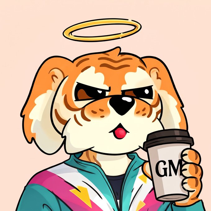 A cartoon dog character with a golden halo above its head holding a coffee cup labeled 'GME' while wearing a teal and pink jacket.