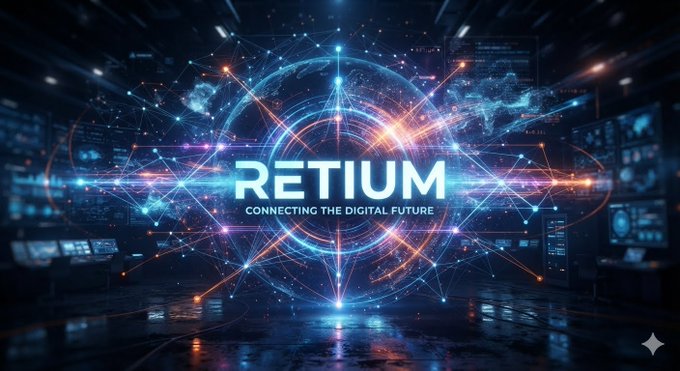 A futuristic digital graphic featuring a glowing blue sphere with network connections and the text 'RETIUM - CONNECTING THE DIGITAL FUTURE' in a high-tech environment.