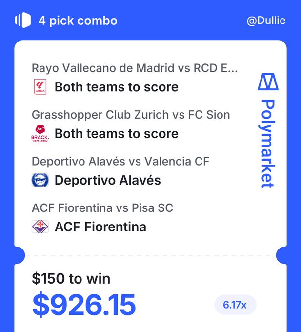A Polymarket 4-pick combo betting slip from @Dullie showing soccer match predictions including Rayo Vallecano de Madrid vs RCD E..., Grasshopper Club Zurich vs FC Sion (Both teams to score), Deportivo Alavés vs Valencia CF, and ACF Fiorentina vs Pisa SC, with $150 to win $926.15 at 6.17x odds.