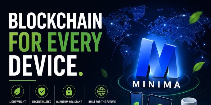An advertisement for 'Minima' blockchain displaying the text 'BLOCKCHAIN FOR EVERY DEVICE.' alongside icons for 'LIGHTWEIGHT', 'DECENTRALIZED', 'QUANTUM-RESISTANT', and 'BUILT FOR THE FUTURE'.