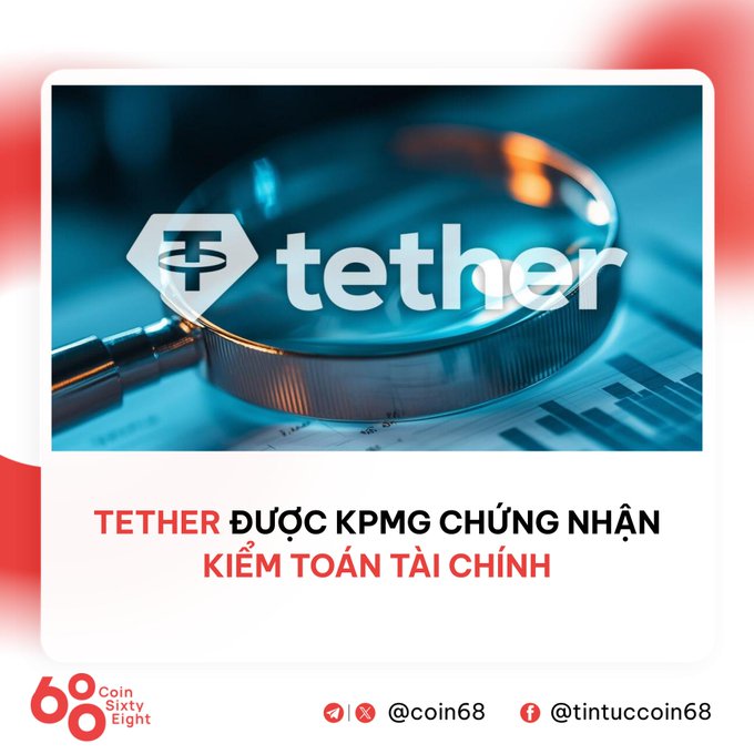 News graphic announcing that Tether has received financial audit certification from KPMG, published by Coin Sixty Eight.