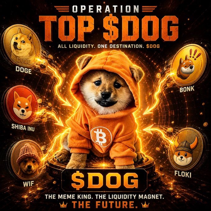 A promotional graphic titled 'OPERATION TOP $DOG - ALL LIQUIDITY. ONE DESTINATION. $DOG' featuring the crowned Bitcoin-hoodie Shiba puppy surrounded by meme coin icons (DOGE, SHIBA INU, WIF, BONK, FLOKI), captioned 'THE MEME KING. THE LIQUIDITY MAGNET. THE FUTURE.'