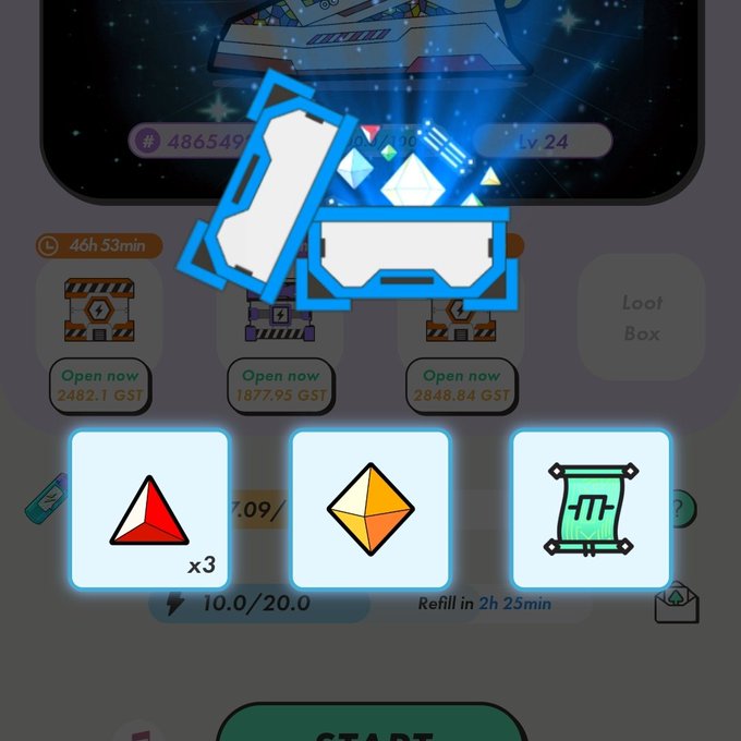 Mobile game screen showing loot boxes with costs in GST (2482.1, 1877.95, 2848.84 GST) and a resource panel with 10.0/20.0 energy refilling in 2h 25min, decorated with a large treasure chest graphic overlay.