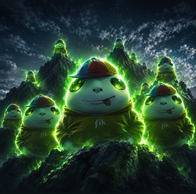 A group of cartoonish, glowing green turtle-like characters wearing colorful caps and shirts labeled "fih" stand triumphantly on rocky peaks against a starry night sky, embodying the rallying energy of the "$FIH BROTHERS" community.