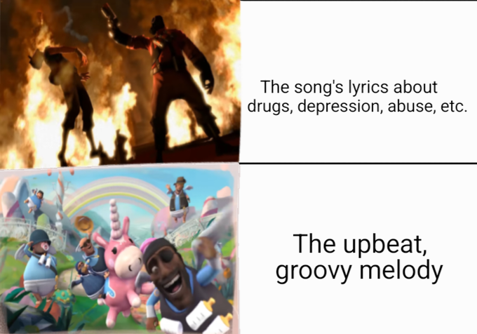 A meme image contrasting two scenes: characters in a fiery environment labeled 'The song's lyrics about drugs, depression, abuse, etc.' and colorful characters dancing under a rainbow labeled 'The upbeat, groovy melody'.
