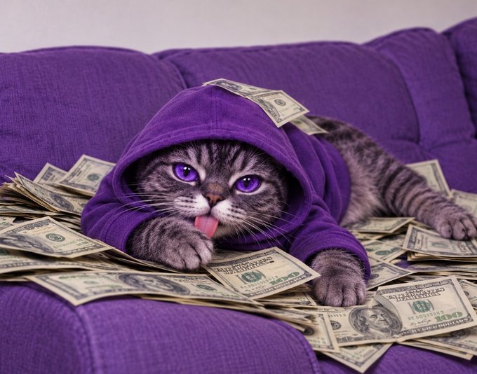A gray tabby cat with striking purple eyes wearing a purple hoodie, lying on a pile of US dollar bills on a purple couch.
