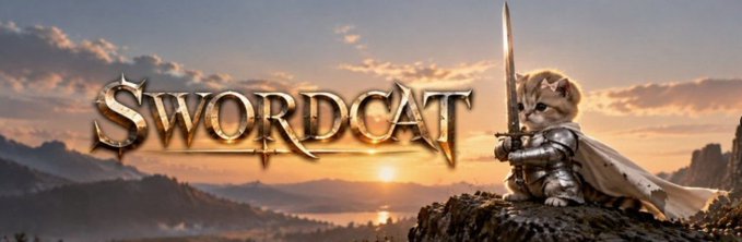 Banner image for 'SWORDCAT' showing a kitten in armor holding a sword on a cliff at sunset.
