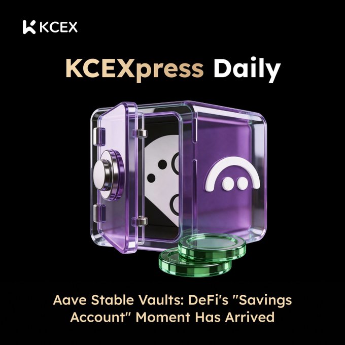 A promotional graphic for KCEXpress Daily featuring a purple 3D safe and the headline "Aave Stable Vaults: DeFi's 'Savings Account' Moment Has Arrived."