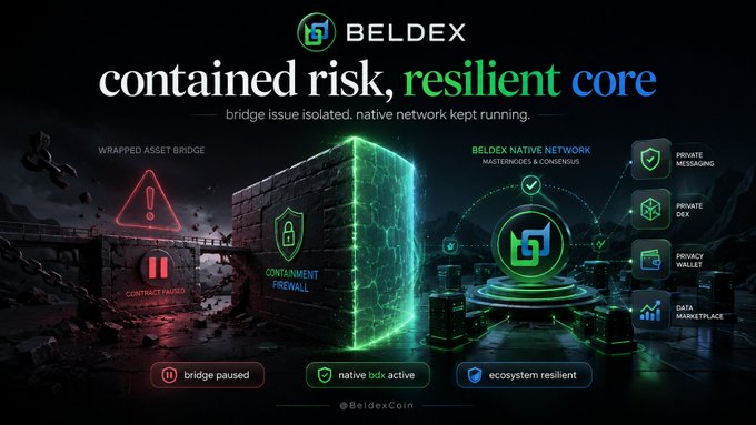 A graphic for 'BELDEX' with the headline 'contained risk, resilient core', showing a glowing green firewall separating a 'bridge paused' warning from an 'ecosystem resilient' state, highlighting 'PRIVATE MESSAGING', 'PRIVATE DEX', 'PRIVACY WALLET', and 'DATA MARKETPLACE'.